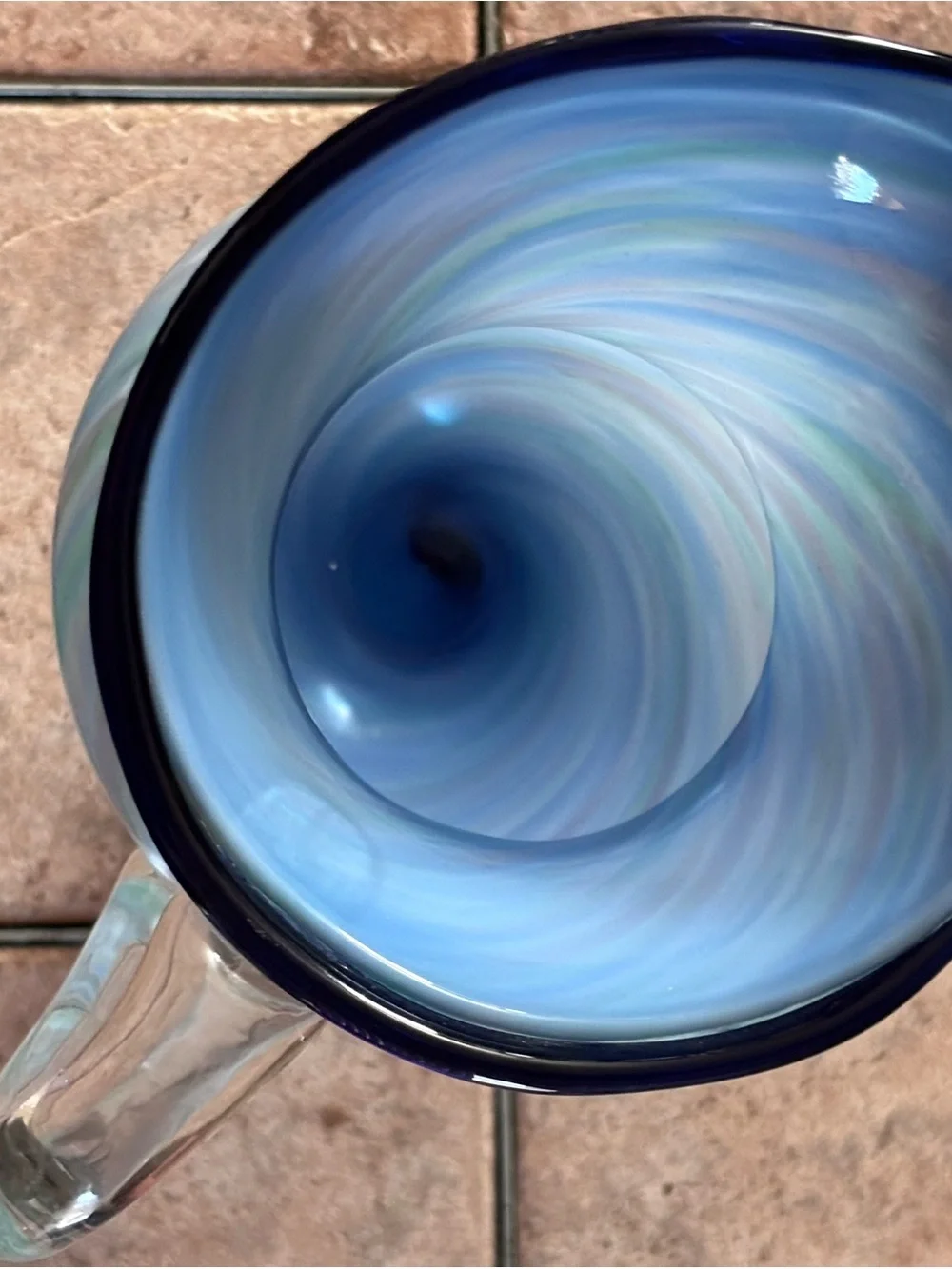 Hand-Blown Art Glass Pitcher Vase | Blue White Green Swirl Stripes 10 3/4 Inches